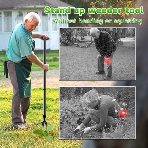 ELECROW Weed Puller Tool, Stand Up Stainless Steel Weeder Hand Tool, Long Handle Garden Weeding Tool with 4 Claws, Weed Remover Tool - Easily Remove Weeds