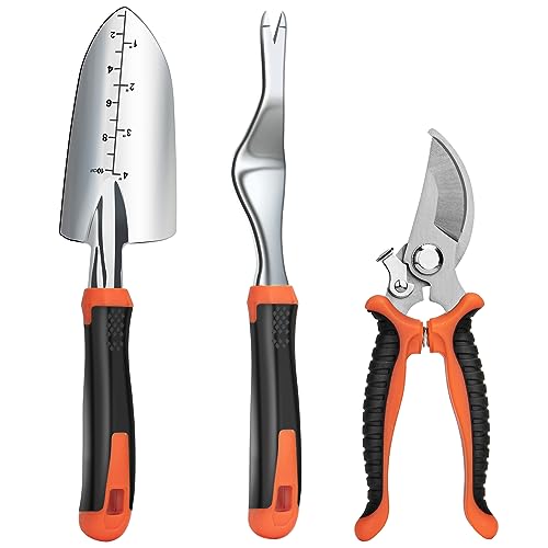 Fecsam Garden Tools Set, Updated 3 PCS Heavy Duty Gardening Kit - Hand Shovel/Trowel, Manual Weeder and Sharp Bypass Pruning Shears/Scissors/Clippers with Bigger Ergonomic Handle, Ideal Gift