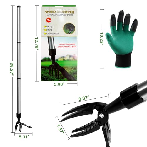 ELECROW Weed Puller Tool, Stand Up Stainless Steel Weeder Hand Tool, Long Handle Garden Weeding Tool with 4 Claws, Weed Remover Tool - Easily Remove Weeds