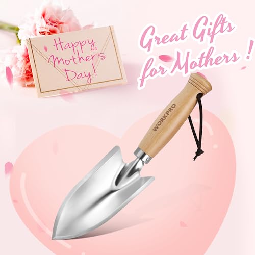 WORKPRO 11" Garden Hand Trowel, Heavy Duty Polished Stainless Steel Garden Shovels with Wood Handle, Small Gardening Hand Tools for Digging, Planting, Measure, Transplanting
