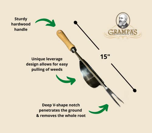 Grampa's Hand Weeder Tool - The Perfect Lightweight Easy to Use Weed Puller Tool for Garden - Durable Unique Lever Design with V-Shaped Forks Allows for Easy Removal of Weeds & Their Roots.