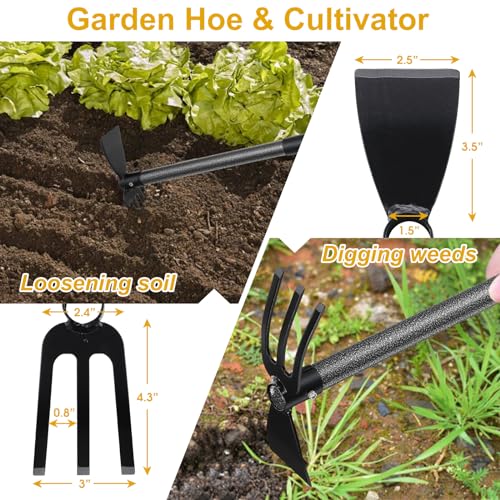 Hoe and Cultivator - 45” Long Handle - Heavy Duty Garden Hoe Tiller, Standing Hoe Garden Tools Durable Cultivator Hoe Hand Rake Fork for Gardening Weeding Planting Loosening Soil, Digging