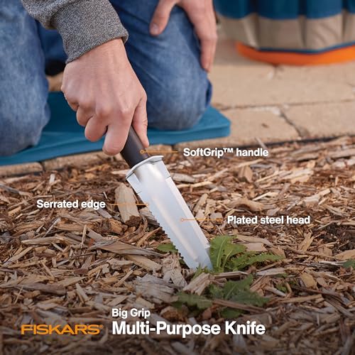 Fiskars Multi-Purpose Garden Knife - Planting Tool for Weeding, Digging, and Cultivating with Hanging Hole - Steel Head - Lawn and Yard Tools - Black/Orange