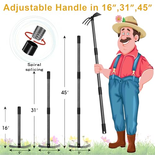 Hoe and Cultivator - 45” Long Handle - Heavy Duty Garden Hoe Tiller, Standing Hoe Garden Tools Durable Cultivator Hoe Hand Rake Fork for Gardening Weeding Planting Loosening Soil, Digging