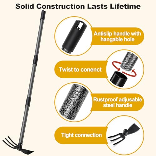 Hoe and Cultivator - 45” Long Handle - Heavy Duty Garden Hoe Tiller, Standing Hoe Garden Tools Durable Cultivator Hoe Hand Rake Fork for Gardening Weeding Planting Loosening Soil, Digging
