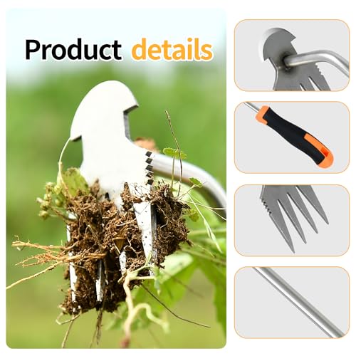 GANCHUN Weed Puller Tool，2024 New Garden Weeder Tool Stainless Steel Hand Weeder Tool,4 Teethes Dual Purpose Weed Remover Tool Weeding Tools for Gardening (Rubber Handle)