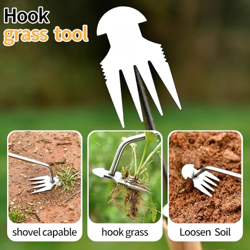 GANCHUN Weed Puller Tool，2024 New Garden Weeder Tool Stainless Steel Hand Weeder Tool,4 Teethes Dual Purpose Weed Remover Tool Weeding Tools for Gardening (Rubber Handle)