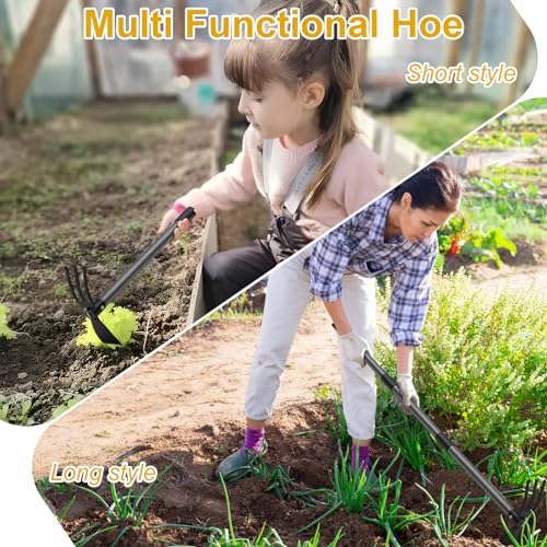 Hoe and Cultivator - 45” Long Handle - Heavy Duty Garden Hoe Tiller, Standing Hoe Garden Tools Durable Cultivator Hoe Hand Rake Fork for Gardening Weeding Planting Loosening Soil, Digging