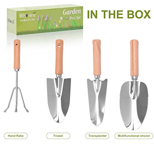 Whonline Gardening Tools Set of 4, Garden Tool Kit Comes with Wooden Alloy Multifunctional Fertilizer Products, Trowel and Hand Fork for Gardening Gifts, Planting Supplies Outdoor and Indoor