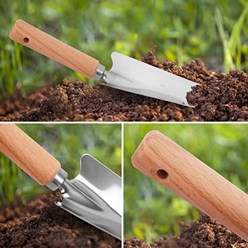 Whonline Gardening Tools Set of 4, Garden Tool Kit Comes with Wooden Alloy Multifunctional Fertilizer Products, Trowel and Hand Fork for Gardening Gifts, Planting Supplies Outdoor and Indoor