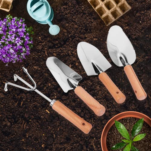Whonline Gardening Tools Set of 4, Garden Tool Kit Comes with Wooden Alloy Multifunctional Fertilizer Products, Trowel and Hand Fork for Gardening Gifts, Planting Supplies Outdoor and Indoor