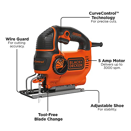 BLACK+DECKER Jig Saw, 5-Amp, 3,000 Blade Speed, 45 Degree Beveled Cuts, ¾-Inch Orbital Blade, 4 Curve Settings, Corded (BDEJS600C)