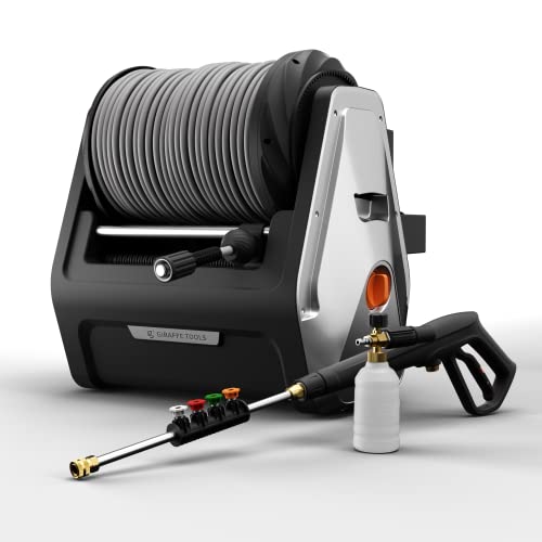 Giraffe Tools Grandfalls Pressure Washer Plus+, Electric Wall Mount Power Washer with 100FT Replaceable Pressure Hose, 2200PSI, 2.4GPM, 4 Nozzles, Foam Cannon, Spray Gun for Cars/Patios