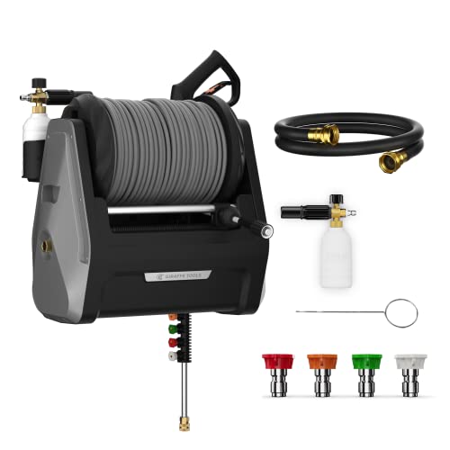 Giraffe Tools Grandfalls Pressure Washer Plus, Electric Wall Mount Power Washer with 100FT Retractable Ultra-Soft Pressure Hoses, 2200PSI, 2.4GPM, 4 Nozzles, Foam Cannon, Spray Gun for Cars/Patios