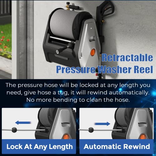 Giraffe Tools Grandfalls Pressure Washer Plus+, Electric Wall Mount Power Washer with 100FT Replaceable Pressure Hose, 2200PSI, 2.4GPM, 4 Nozzles, Foam Cannon, Spray Gun for Cars/Patios