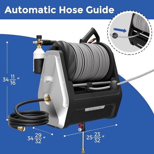Giraffe Tools Grandfalls Pressure Washer Plus, Electric Wall Mount Power Washer with 100FT Retractable Ultra-Soft Pressure Hoses, 2200PSI, 2.4GPM, 4 Nozzles, Foam Cannon, Spray Gun for Cars/Patios