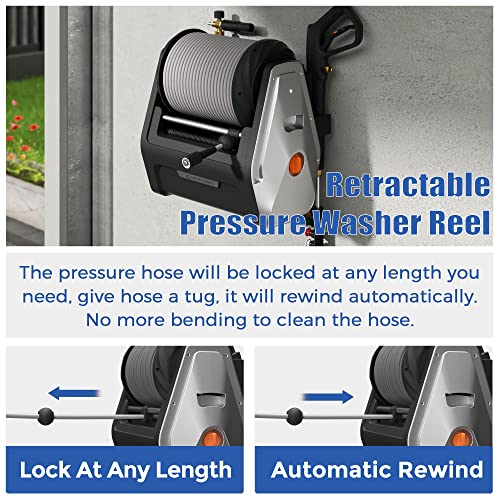 Giraffe Tools Grandfalls Pressure Washer Plus, Electric Wall Mount Power Washer with 100FT Retractable Ultra-Soft Pressure Hoses, 2200PSI, 2.4GPM, 4 Nozzles, Foam Cannon, Spray Gun for Cars/Patios