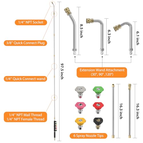 Sealegend 8FT Gutter Cleaning Tools Pressure Washer Extension Wand Upgrade Pressure Washer Accessories with 6 Spray Nozzle Tips, 3 Gutter Cleaner Attachment Curved Rod, 1/4" Quick Connect, 4000 PSI