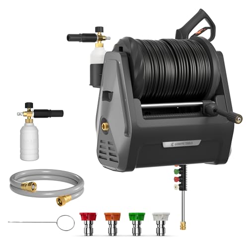 Giraffe Tools Grandfalls Pressure Washer, Electric Wall Mount Power Washer with 100FT Replaceable Pressure Hose, 2400 PSI, 2.0GPM, Foam Cannon, 4-Nozzles for Cars/Patios/Driveways/Patios, Dark Silver