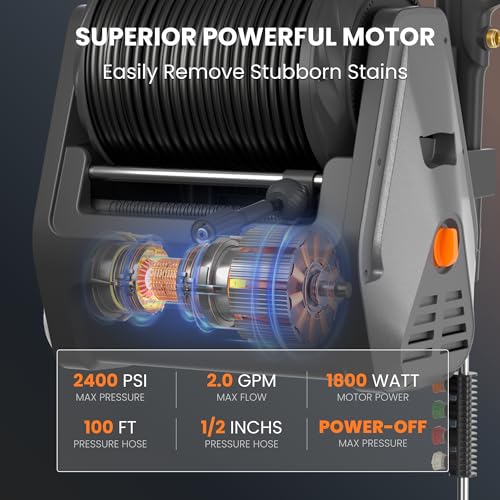 Giraffe Tools Grandfalls Pressure Washer, Electric Wall Mount Power Washer with 100FT Replaceable Pressure Hose, 2400 PSI, 2.0GPM, Foam Cannon, 4-Nozzles for Cars/Patios/Driveways/Patios, Dark Silver