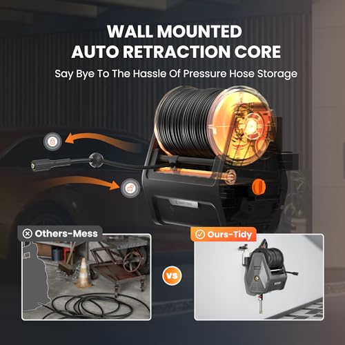 Giraffe Tools Grandfalls Pressure Washer, Electric Wall Mount Power Washer with 100FT Replaceable Pressure Hose, 2400 PSI, 2.0GPM, Foam Cannon, 4-Nozzles for Cars/Patios/Driveways/Patios, Dark Silver