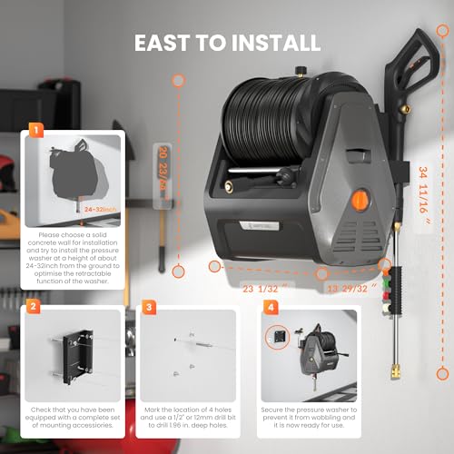 Giraffe Tools Grandfalls Pressure Washer, Electric Wall Mount Power Washer with 100FT Replaceable Pressure Hose, 2400 PSI, 2.0GPM, Foam Cannon, 4-Nozzles for Cars/Patios/Driveways/Patios, Dark Silver