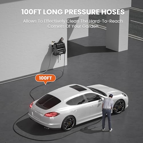Giraffe Tools Grandfalls Pressure Washer, Electric Wall Mount Power Washer with 100FT Replaceable Pressure Hose, 2400 PSI, 2.0GPM, Foam Cannon, 4-Nozzles for Cars/Patios/Driveways/Patios, Dark Silver