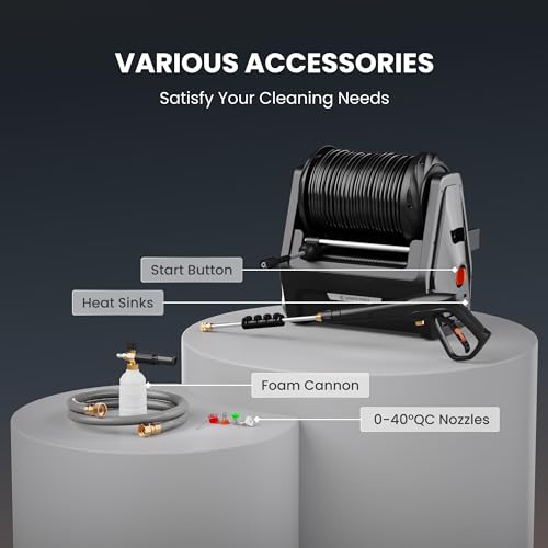 Giraffe Tools Grandfalls Pressure Washer, Electric Wall Mount Power Washer with 100FT Replaceable Pressure Hose, 2400 PSI, 2.0GPM, Foam Cannon, 4-Nozzles for Cars/Patios/Driveways/Patios, Dark Silver