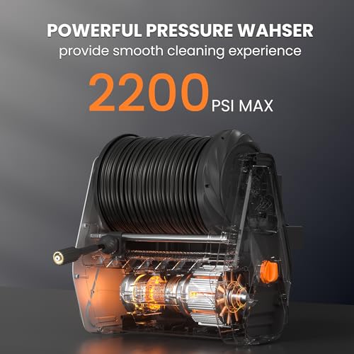 Giraffe Tools Grandfalls Pressure Washer, Electric Wall Mount Power Washer with 100FT Retractable Reel, 2200PSI, 2.4GPM, 4 Nozzles, Foam Cannon, Spray Gun for Cars/Patios, Light Silver