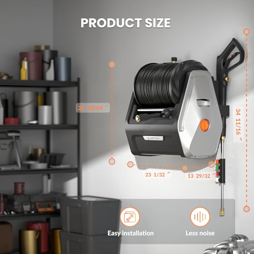 Giraffe Tools Grandfalls Pressure Washer, Electric Wall Mount Power Washer with 100FT Retractable Reel, 2200PSI, 2.4GPM, 4 Nozzles, Foam Cannon, Spray Gun for Cars/Patios, Light Silver