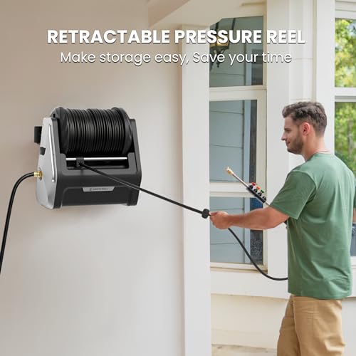 Giraffe Tools Grandfalls Pressure Washer, Electric Wall Mount Power Washer with 100FT Retractable Reel, 2200PSI, 2.4GPM, 4 Nozzles, Foam Cannon, Spray Gun for Cars/Patios, Light Silver