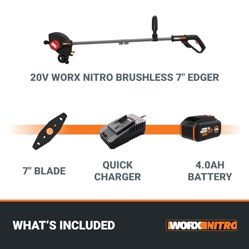 WORX Nitro 20V 7" Cordless Edger 3 Depth Settings, Battery Powered Driveway Edger with Dual Wheels, High-Performance Brushless Trencher Precision Edge Guide WG898 – Battery & Charger Included
