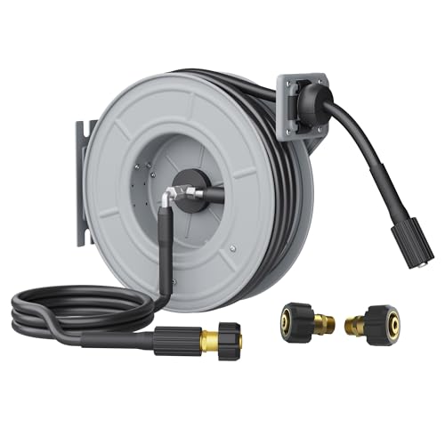 Giraffe Tools Pressure Washer Hose Reel, 1/4" x 65 ft Retractable Pressure Washer Reel,Steel Power Reel, Wall/Ceiling/Floor Mounted, 3200PSI, 2 * M22-15mm Connectors, Heavy Duty