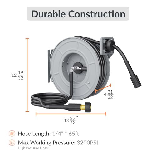 Giraffe Tools Pressure Washer Hose Reel, 1/4" x 65 ft Retractable Pressure Washer Reel,Steel Power Reel, Wall/Ceiling/Floor Mounted, 3200PSI, 2 * M22-15mm Connectors, Heavy Duty