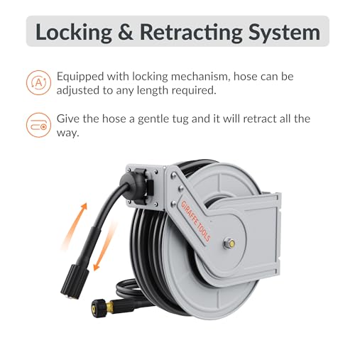 Giraffe Tools Pressure Washer Hose Reel, 1/4" x 65 ft Retractable Pressure Washer Reel,Steel Power Reel, Wall/Ceiling/Floor Mounted, 3200PSI, 2 * M22-15mm Connectors, Heavy Duty