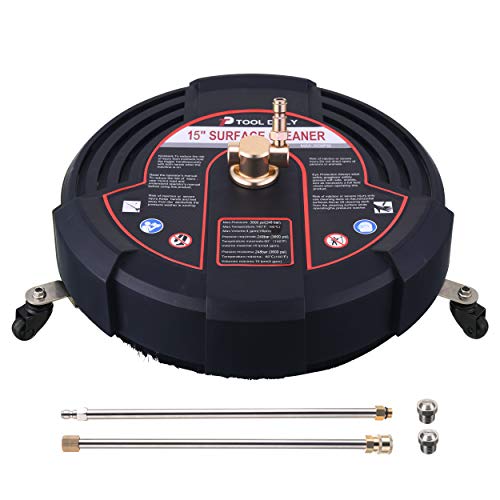 Tool Daily 15 Inch Pressure Washer Surface Cleaner Attachment with Wheels, with 2 Power Washer Extension Wands and 2 Replacement Nozzles, 3600 PSI, Black