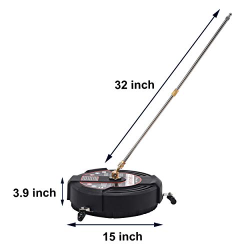 Tool Daily 15 Inch Pressure Washer Surface Cleaner Attachment with Wheels, with 2 Power Washer Extension Wands and 2 Replacement Nozzles, 3600 PSI, Black