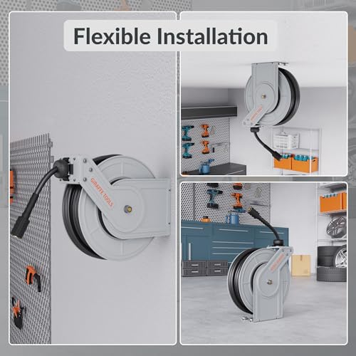 Giraffe Tools Pressure Washer Hose Reel, 1/4" x 65 ft Retractable Pressure Washer Reel,Steel Power Reel, Wall/Ceiling/Floor Mounted, 3200PSI, 2 * M22-15mm Connectors, Heavy Duty