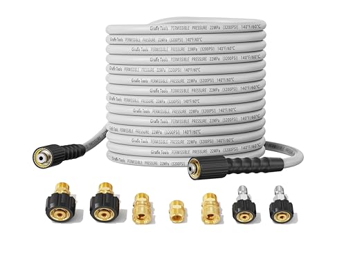 Giraffe Tools Pressure Washer Hose 100FT X 1/4", 3200 PSI Pressure Washing Hose, Kink Resistant, Heavy Duty Power Washer Hose, M22 to 3/8" Quick Connect Couplers for Replacement, 7 Accessories