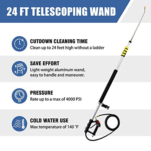 janz Aluminum 24 FT Telescoping Pressure Washer Wand with Pressure Washer Extension Wand,Gutter Cleaner Attachment, 5 Spray Nozzle Tips, 2 Hose Inlet Adapters and Support Harness