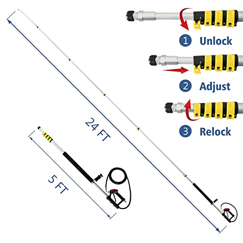 janz Aluminum 24 FT Telescoping Pressure Washer Wand with Pressure Washer Extension Wand,Gutter Cleaner Attachment, 5 Spray Nozzle Tips, 2 Hose Inlet Adapters and Support Harness