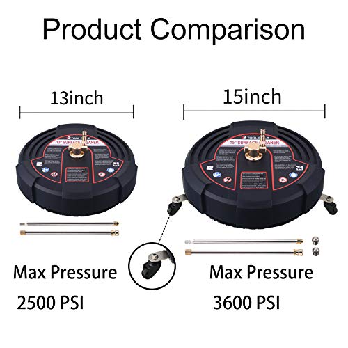 Tool Daily 15 Inch Pressure Washer Surface Cleaner Attachment with Wheels, with 2 Power Washer Extension Wands and 2 Replacement Nozzles, 3600 PSI, Black