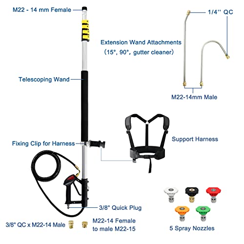 janz Aluminum 24 FT Telescoping Pressure Washer Wand with Pressure Washer Extension Wand,Gutter Cleaner Attachment, 5 Spray Nozzle Tips, 2 Hose Inlet Adapters and Support Harness