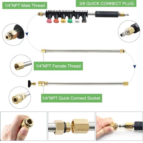 Hourleey 9 Pack Pressure Washer Extension Wand Upgrade Power Washer Lance with 6 Nozzle Tips, 30°,90°,120° Curved Rod, 1/4" Quick Connect, 4000 PSI