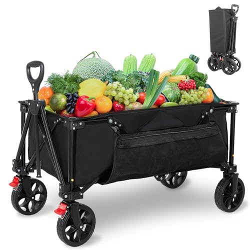 Collapsible Folding Wagon Cart, Heavy Duty Grocery Cart with Wheels and Side Pocket, Garden Utility Cart Wheelbarrows for Beach Camping Shopping,220lbs Weight Capacity