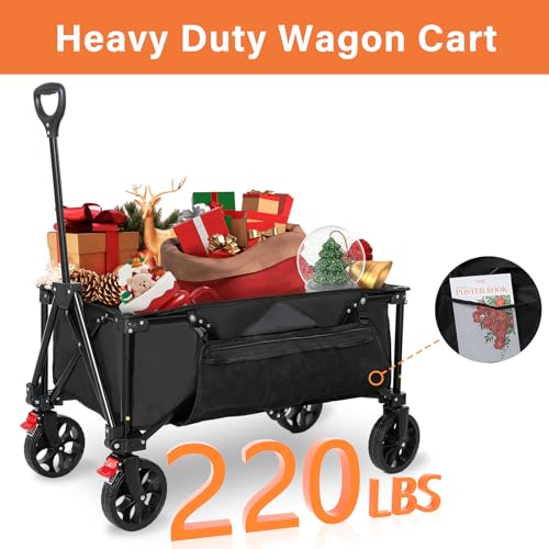 Collapsible Folding Wagon Cart, Heavy Duty Grocery Cart with Wheels and Side Pocket, Garden Utility Cart Wheelbarrows for Beach Camping Shopping,220lbs Weight Capacity