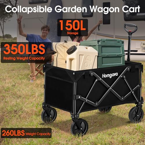 Homgava Collapsible Folding Wagon Cart,Heavy Duty Garden Cart with All Terrain Wheels,Portable Large Capacity Utility Wagon Cart for Camping Fishing Sports Shopping, Black