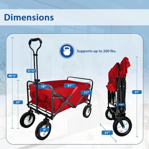 Lifetime Home Collapsible Foldable Heavy Duty Utility Wagon Cart with Larger Capacity - Perfect for Shopping, Sports Events, Grocery, Moving, Camping, Laundry, Beach - Red