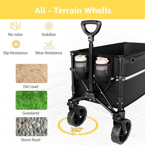 ROSONG Collapsible Wagon Cart with Wheels Foldable - Folding Utility Heavy Duty Wagons Carts for Grocery Beach Sports Garden Shopping Camping Wheelbarrows