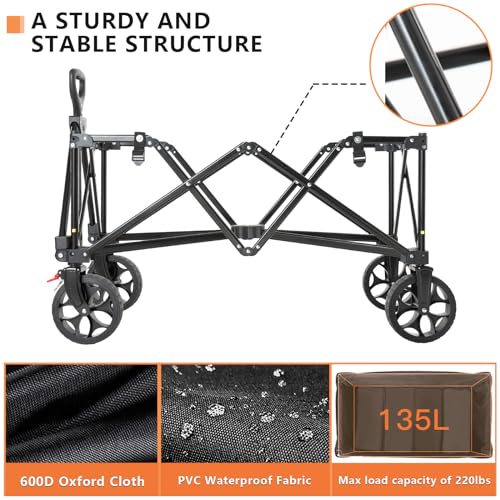 Collapsible Folding Wagon Cart, Heavy Duty Grocery Cart with Wheels and Side Pocket, Garden Utility Cart Wheelbarrows for Beach Camping Shopping,220lbs Weight Capacity